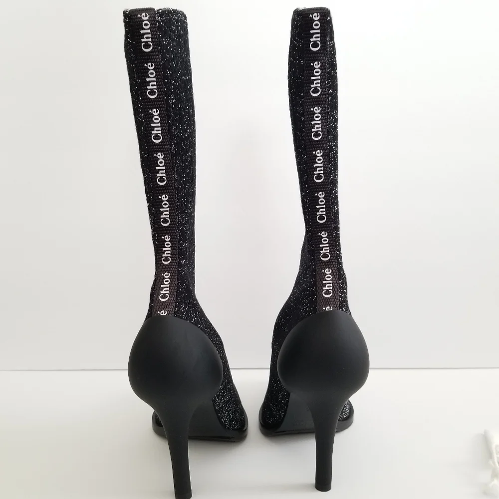 Chloe Lurex Knitted High Heel Elastic Sock Ankle Boots Size 36 Black Sil… - Picture 7 of 14